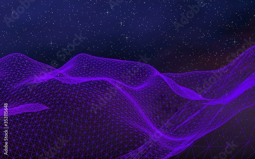 Abstract ultraviolet landscape on a dark background. Purple cyberspace grid. hi tech network. Outer space. Violet starry outer space texture. 3D illustration © Plastic man