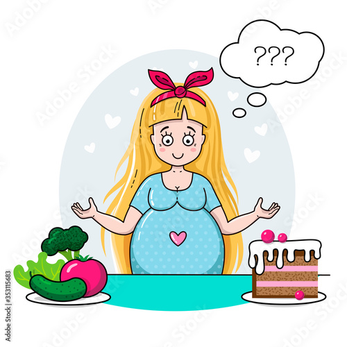 Cute Pregnant Woman thinks about healthy food. Pregnant lady decides what to eat. Waiting for baby vector illustration. Happy beautiful mother to be. Pregnancy card.