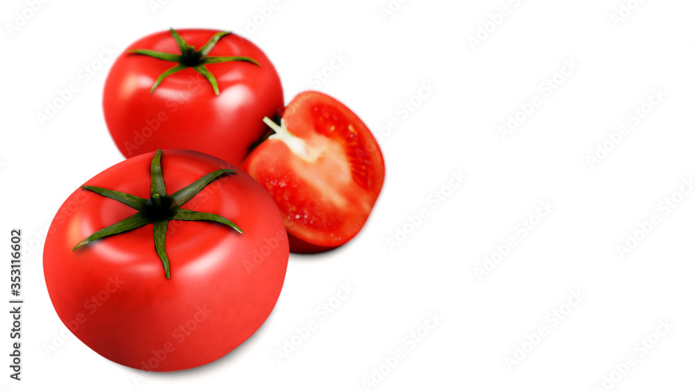 3d render group of tomatoes full and half on white background 3d render group of tomatoes full and half on white background