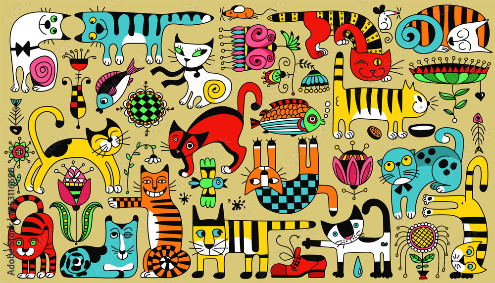 Vector multicolored bright pattern. Funny doodle cats. Each item can be used separately.
