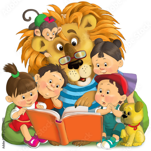 Children's illustration. Friends are reading an interesting book. Big kind lion with a monkey on his head and small children with a puppy.