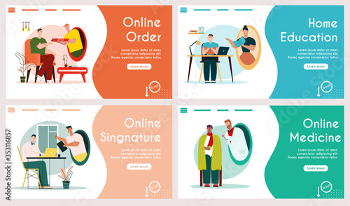 Vector banners set of online order, home education, medicine, signature