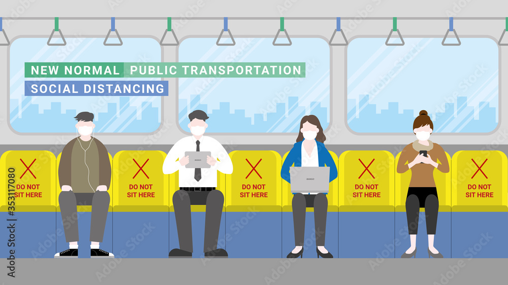 Naklejka premium Social distancing sit in public transportation