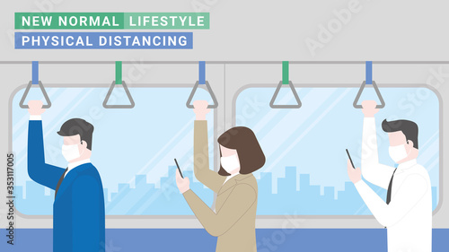 social distancing office people going to work stand in public transportation
