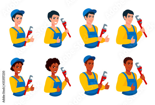 Cheerful workers in a blue uniform and cap with a pipe wrench in their hand. Male, female plumber showing gesture thumb up, smiling. Vector cartoon flat style illustration set.