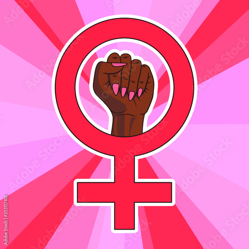 Feminine sign with arm inside. African or afro american woman hand raised into air. Pride fist of dark skinned feminist. Girl power symbol. Protest and fighting for equal rights and freedom for women.