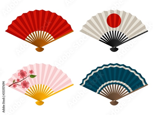 Hand fans set isolated on white background  Japanese and Chinese folding fan  Traditional Asian paper geisha fan. Vector illustration