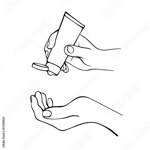 Disinfection of hands. Hand-drawn vector illustration. Alcohol gel bottle for cleaning and disinfection. Hand press disinfectant. Vector illustration