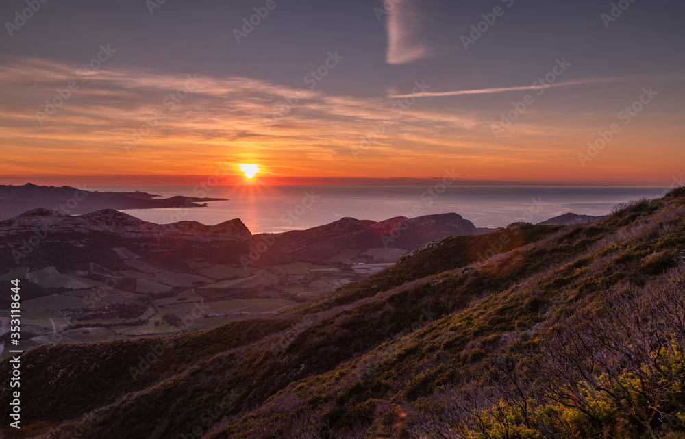 Sunset over the sea, on the island of Corsica