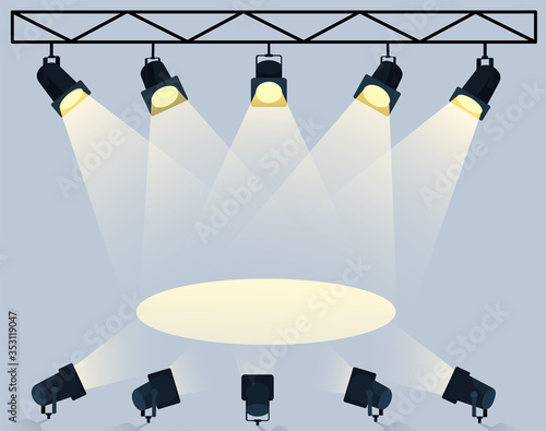 Flat Spotlights with bright white light shining stage vector set. Illuminated effect form projector, illustration of projector for studio illumination eps 10