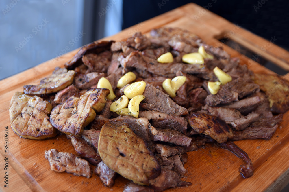 Fototapeta premium steak beef cooking fire grill bbq Entrecote on wood