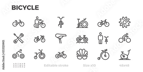 Bicycle icons. Cycling, Wheels, bike, cyclist equipment. Editable stroke.