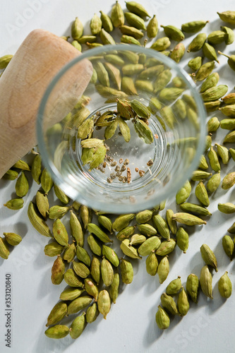 Cardamom green seeds ready for ground in the crystal bowl