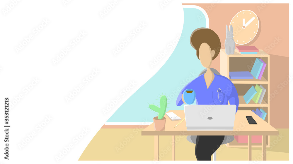 A man sits at a computer and drinks coffee or tea. Illustration flat design. A man sits at a computer and drinks coffee or tea. Illustration flat design.
