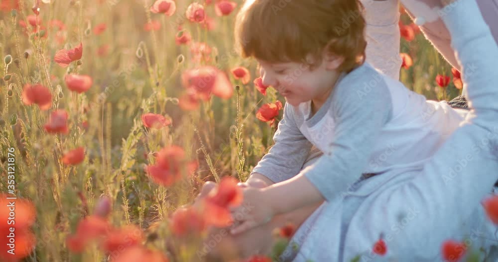 An attractive, young woman with 2 children is playing in a poppy field. Mom with children lies on the grass and laughs An attractive, young woman with 2 children is playing in a poppy field. Mom with children lies on the grass and laughs