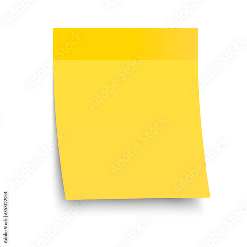 Yellow paper sticker for organizing time, recording, memo. The sticker is hanging on a sticky tape, glued to the surface. Empty sample template. Sticker paper for inscriptions to remember. Vector.