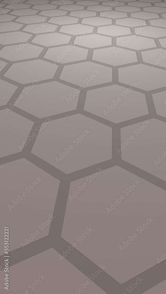 Honeycomb with color lighting, on a gray background. Perspective view on polygon look like honeycomb. Isometric geometry. Vertical image orientation. 3D illustration