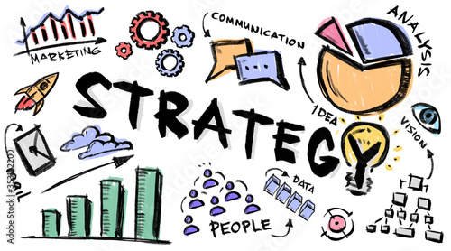Illustration with business strategy notions, graphs and drawings on white background, panorama