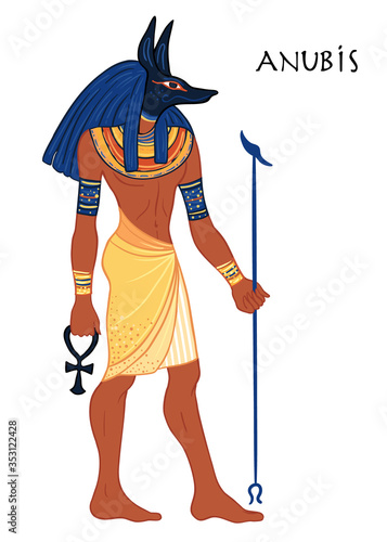 Portrait of Anubis. in Ancient Egyptian, god of death, mummification, embalming, the afterlife, cemeteries, tombs, and the Underworld. Vector isolated illustration. A man with the head of a jackal or