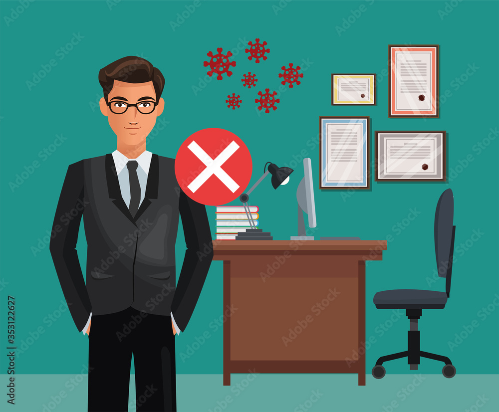 businessman working in office with covid19 particles businessman working in office with covid19 particles