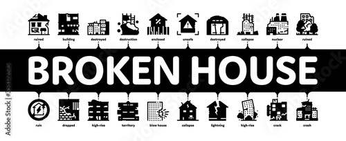 Broken House Building Minimal Infographic Web Banner Vector. Crashed And Abandoned Building, Demolition Damaged Construction And Plant, Illustration