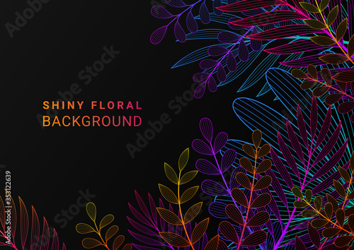 Vector illustration in neon gradient style and space for text. Black background with exotic plants and tropical leaves. Fluorescent backdrop for greeting cards, posters, banners, social media and etc.