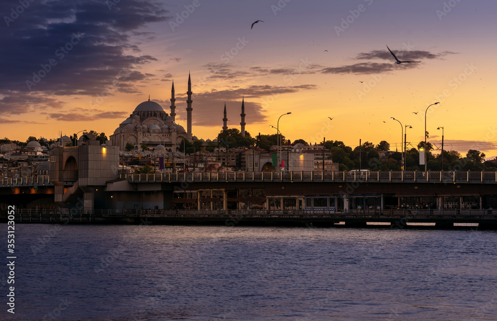Suleymaniye Mosque shot at beautiful red sunset, Istanbul, Turkey.
