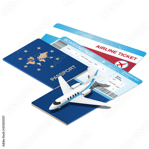 Business flight concept. Flight documents passport and tickets. Infographics element