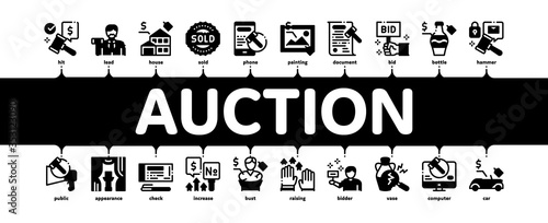 Auction Buying And Selling Goods Minimal Infographic Web Banner Vector. Internet Auction And Application, Hammer And Car, Agreement And Bid, House And Picture Illustration