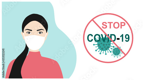New normal concept, woman wearing surgical mask with stop COVID-19 sign to prevent COVID-19 coronavirus spread vector illustration 