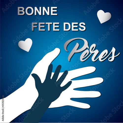 carte ou bandeau "bonne fête des pères" en dégradé de blanc et gris deux coeurs blanc une main d'adulte en blanc et une main d'enfant en bleu foncé sur un fond en dégradé bleu