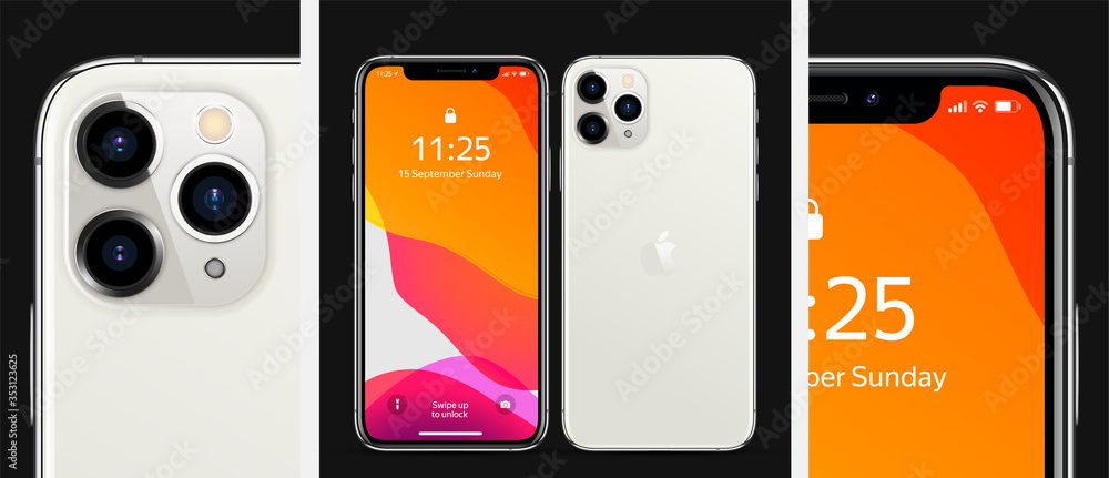 MOSCOW, RUSSIA - MAY 27, 2020: New iPhone 11 pro max Silver color by Apple  Inc. Mock-up, screen phone with ios13 and back side. Detailed rendering.  Realistic vector illustration EPS10 Stock Vector | Adobe Stock