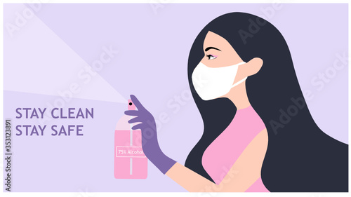 Woman applying 75% alcohol sanitizing spray to protect  COVID-19 coronavirus spread outbreak vector illustration. New normal concept
