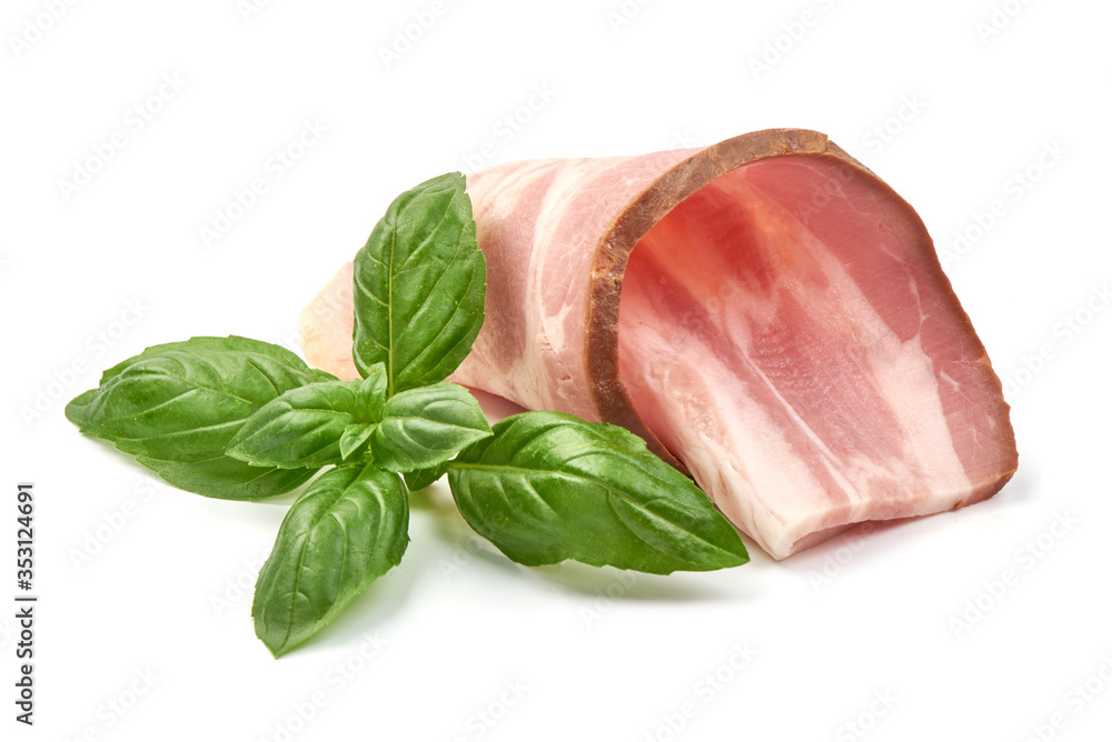 Smoked bacon slices, isolated on white background Smoked bacon slices, isolated on white background