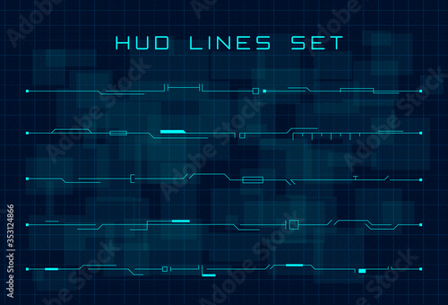 Set of blue HUD futuristic header and footer elements on dark hi tech background. Design elements for banner, flyer, card, music event. Editable stroke. Good for animation. Vector