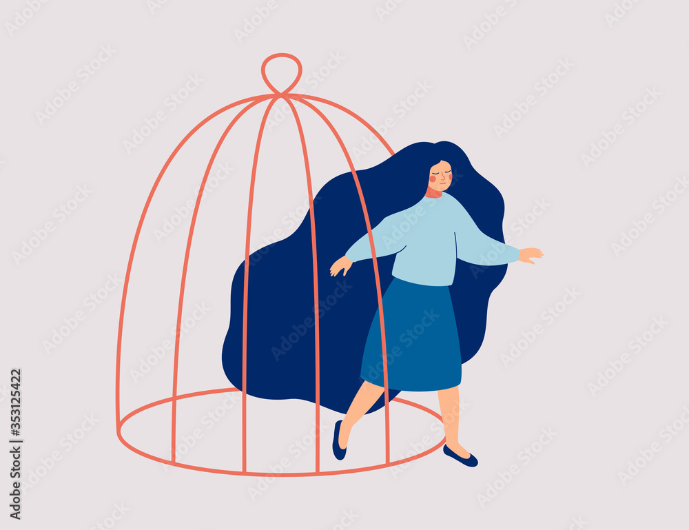 A young woman steps out of the cage. The female character is getting out of a confined space. Concept of freedom, mental rehabilitation and opening up new opportunities for personal development.Vector A young woman steps out of the cage. The female character is getting out of a confined space. Concept of freedom, mental rehabilitation and opening up new opportunities for personal development.Vector