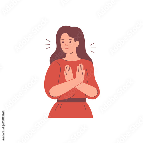 The woman says NO with the gesture, she turns away and crosses her hands. The girl expresses dissatisfaction and disagreement. Body language and nonverbal communication. Vector illustration