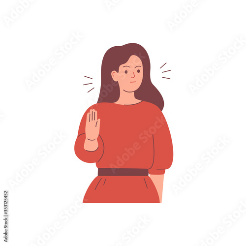 The businesswoman is expressing refusal. The woman says STOP with the gesture. The girl expresses protest and disagreement. Body language and nonverbal communication. Vector illustration