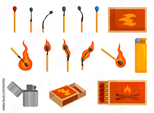 Matches light, matchbox and lighter to create fire