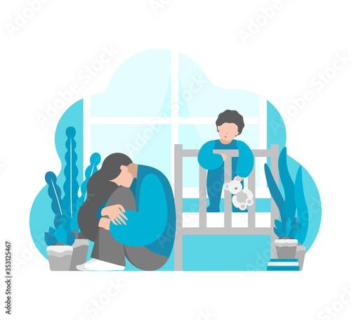 Vector flat concept. Tired mother sits and hug knees feeling difficulties to keep maternal mental health. Baby stays in bed. Postpartum depression, emotional stress and anxiety in isolation at home
