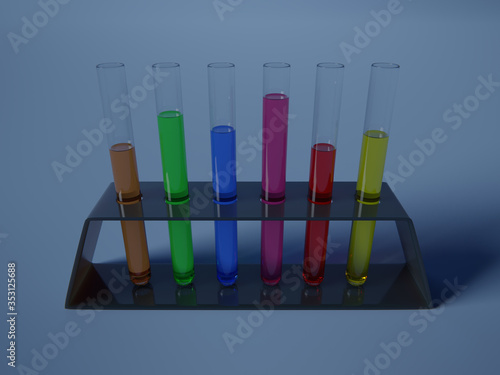 Rendu 3D de tubes à essais rempli de liquide multicolore sur leur socle 