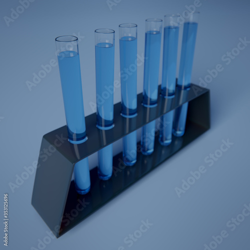 Fotografie Rendu 3D de tubes à essais rempli de liquide bleu sur leur socle