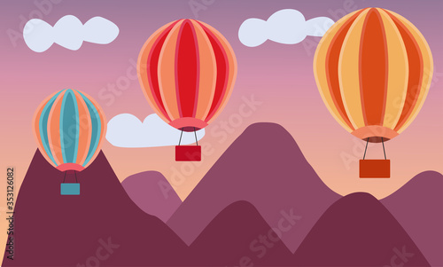 Vector illustration of colorful balloons flying over the mountains. Air Transport. Romantic balloon ride.