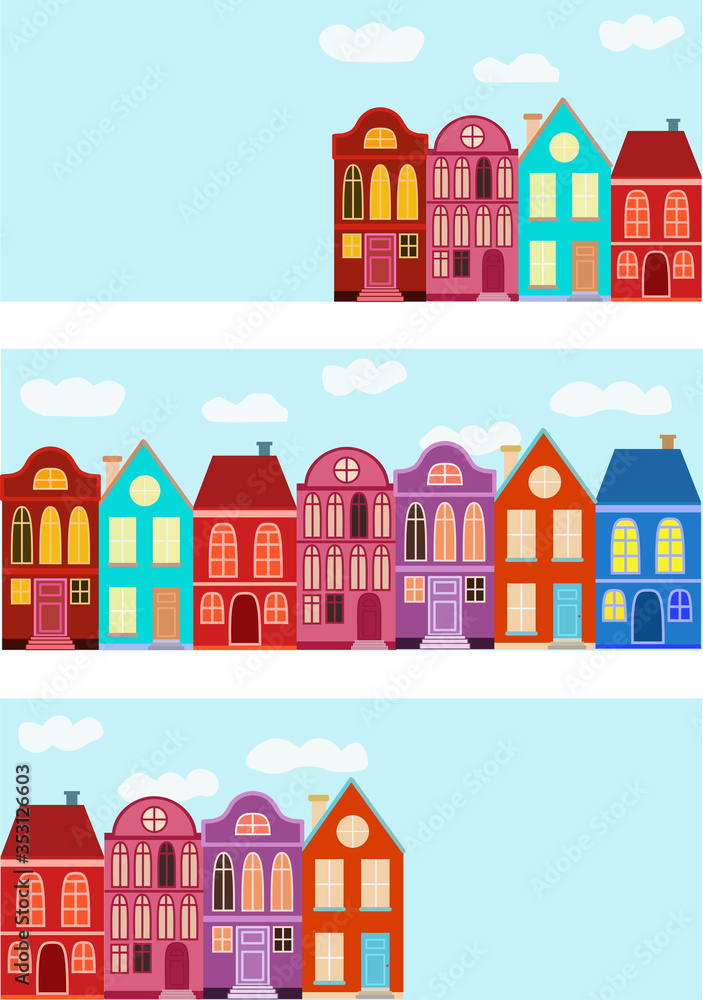 vector banner template with colorful houses in european style. Illustration can be used for printing flyers, posters, booklets, etc.