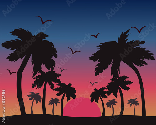 Fototapeta Naklejka Na Ścianę i Meble -  Vector illustration of a landscape with silhouettes of palm trees at sunset. California sunset.