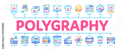 Polygraphy Printing Service Minimal Infographic Web Banner Vector. Polygraphy And Scanner Equipment And ink, Paper List With Picture And Cup Illustration