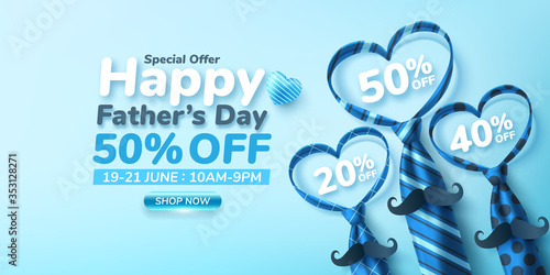 Father's Day Sale poster or banner template with heart shape by necktie on blue background.Greetings and presents for Father's Day.Promotion and shopping template for love dad