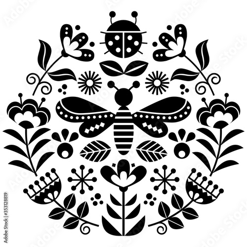 Scandinavian folk flowers vector design, cute monochrome floral pattern with bugs, ladybird and fly inspired by traditional embroidery from Sweden, Norway and Denmark

