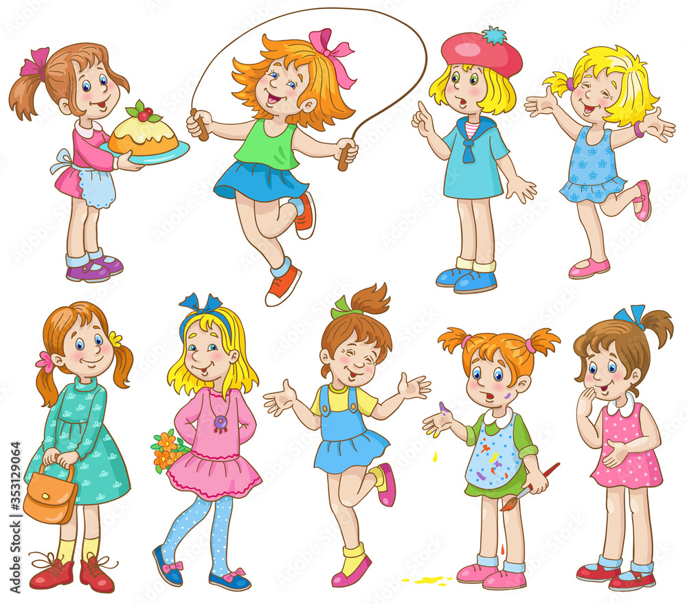 Group of little girls in different poses and with different objects . In cartoon style. Isolated on white background. Vector illustration. Group of little girls in different poses and with different objects . In cartoon style. Isolated on white background. Vector illustration.