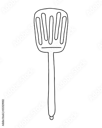 Hand drawn spatula, slotted turner . Kitchenware in doodle style. Vector isolated. Outline